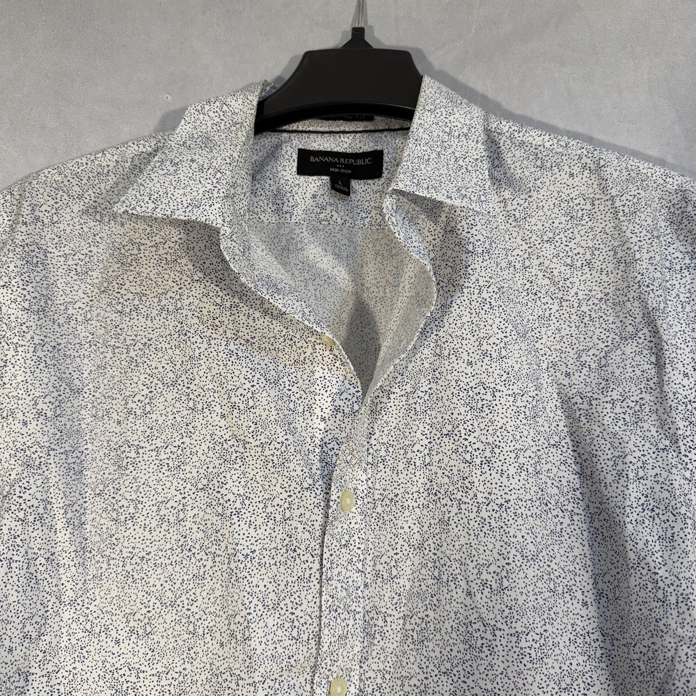 banana republic Long Sleeve Speckle Print White Shirt Men's Fitted Large‎